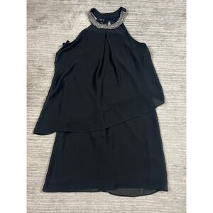 BCX Dress Womens Small Black Beaded Halter Layered Chiffon Cocktail 1116P4A